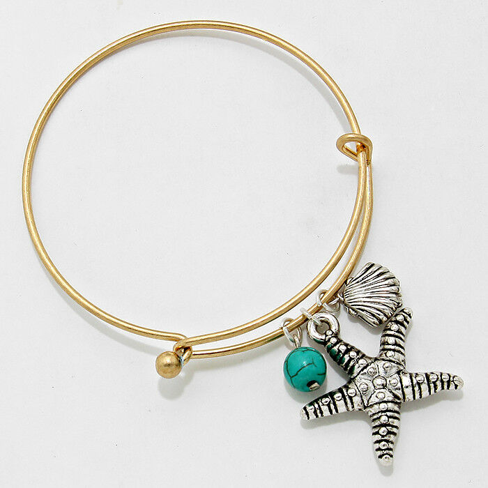 Starfish Bracelet Thin Charm Bangle Crystal Sea Life Charms Turquoise Bead GOLD - PalmTreeSky