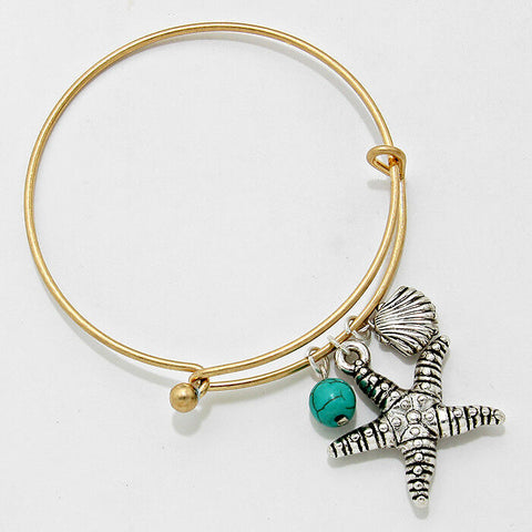 Starfish Bracelet Thin Charm Bangle Crystal Sea Life Charms Turquoise Bead GOLD - PalmTreeSky