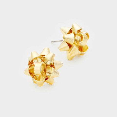 Gift Bow Stud Earrings Ribbon Metal 5/8" Holiday Christmas Small Post MATTE GOLD - PalmTreeSky