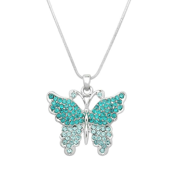 Butterfly Necklace Crystal Rhinestone Pendant 32mm Flower Wings Bug SILVER TURQ - PalmTreeSky