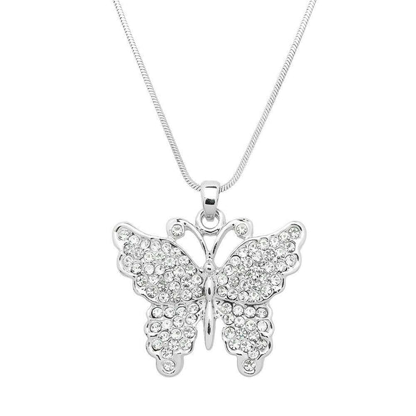 Butterfly Necklace Crystal Rhinestone Pendant 32mm Flower Wings Bug SILVER CLEAR - PalmTreeSky