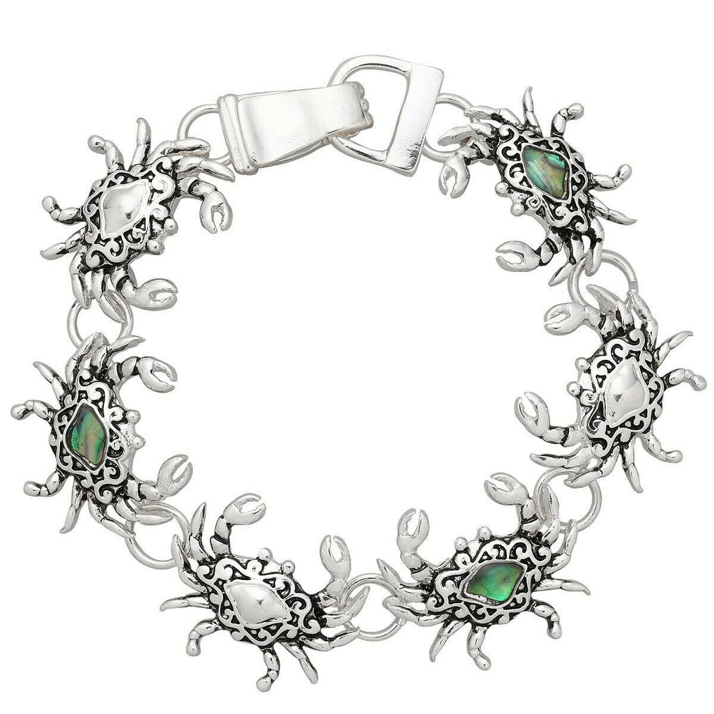 Crab Bracelet Magnetic Clasp Abalone Shell Metal Sea Life Claw Filigree SILVER - PalmTreeSky