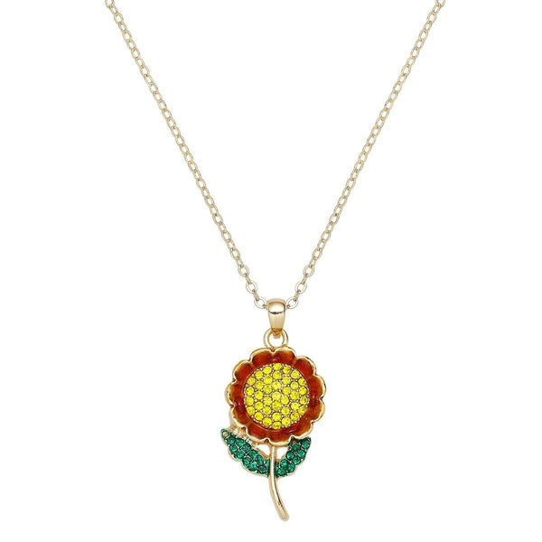 Flower Necklace Pendant Pave Rhinestone Stem Leaf YELLOW RED Floral Daisy Rose - PalmTreeSky