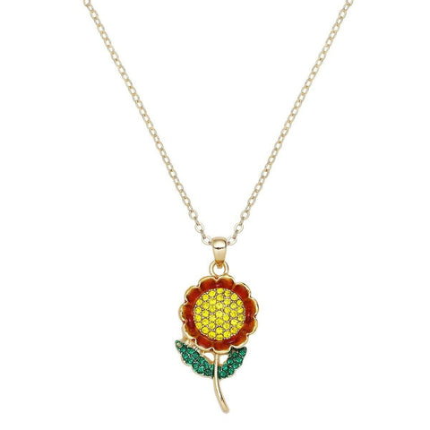 Flower Necklace Pendant Pave Rhinestone Stem Leaf YELLOW RED Floral Daisy Rose - PalmTreeSky