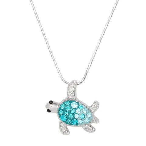 Turtle Necklace Pendant Crystal Rhinestone Sea Life SILVER AQUA Ocean Surf Sand - PalmTreeSky