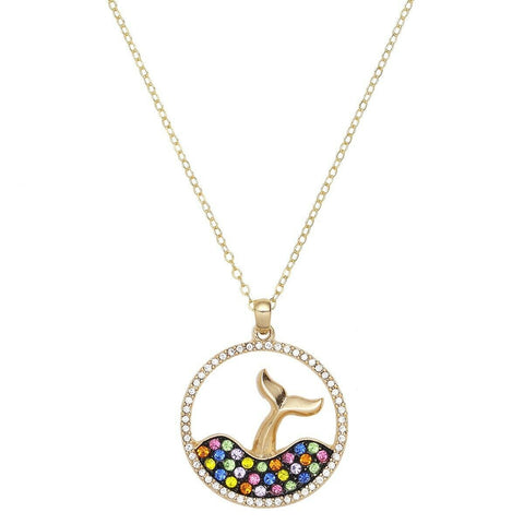 Whale Tale Necklace Pendant Crystal Mermaid Tail GOLD MULTI Ocean Surf Sand - PalmTreeSky