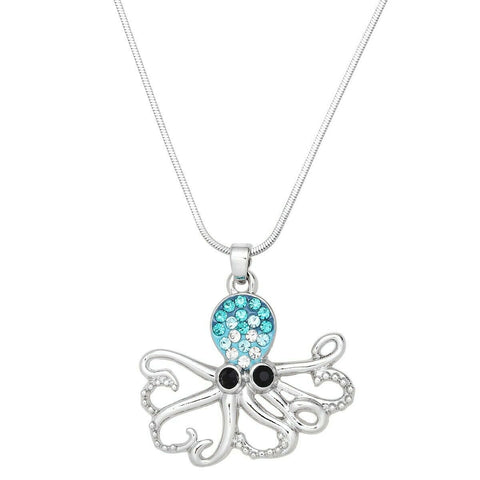 Octopus Necklace Pendant Crystal Pave Rhinestone SILVER AQUA Ocean Nautical Boat - PalmTreeSky