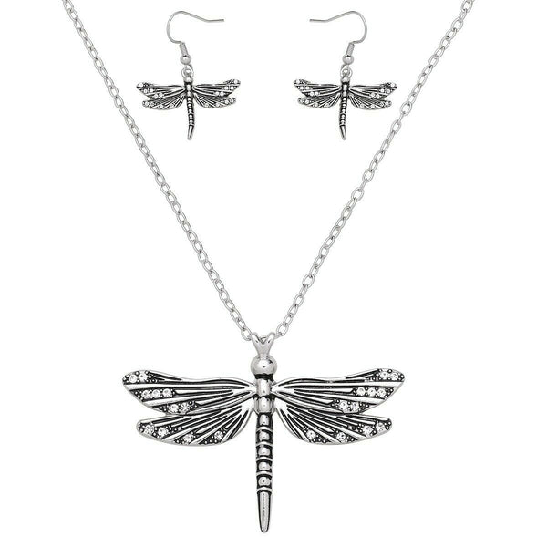 Dragonfly Necklace Earrings SET Rhinestone Pendant Wings Tropical Beach SILVER - PalmTreeSky