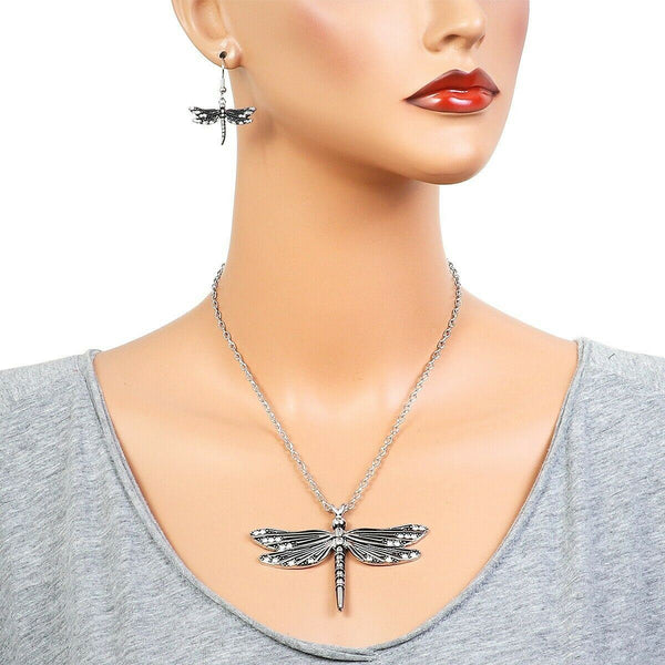 Dragonfly Necklace Earrings SET Rhinestone Pendant Wings Tropical Beach SILVER - PalmTreeSky