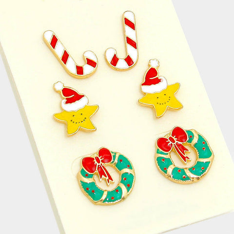 Candy Cane Earrings 3 Pairs Post Stud Santa Claus Holiday Wreath Gifts Star 1/2" - PalmTreeSky