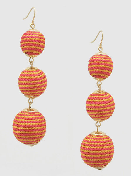 Thread Ball Earrings Long 3" Droplet 3 Tiers Spring Summer 2Tone Orange Pink - PalmTreeSky