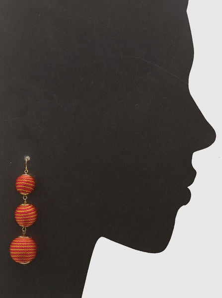 Thread Ball Earrings Long 3" Droplet 3 Tiers Spring Summer 2Tone Orange Pink - PalmTreeSky