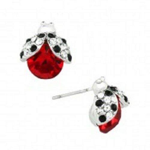 Lady Bug Earrings Tiny Studs Posts Rhinestone Crystal Spring Summer SILVER RED - PalmTreeSky