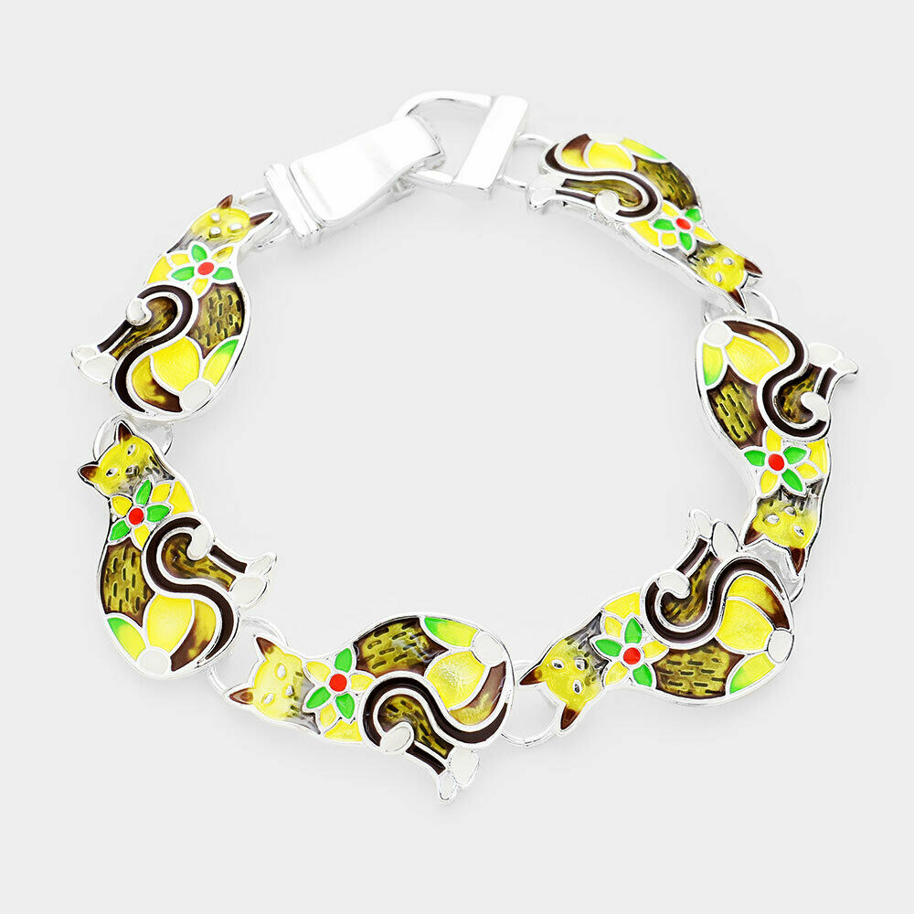 Cat Bracelet Magnetic Closure Black Cat Kitten Kitty Enamel MULTI Yellow Flower - PalmTreeSky