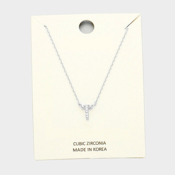 Initial Necklace Tiny CZ Cubic Zirconia .2" Monogram Letter T Rhinestone SILVER - PalmTreeSky