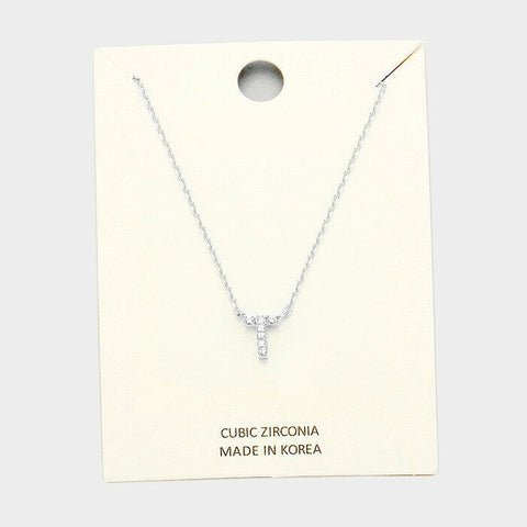 Initial Necklace Tiny CZ Cubic Zirconia .2" Monogram Letter T Rhinestone SILVER - PalmTreeSky