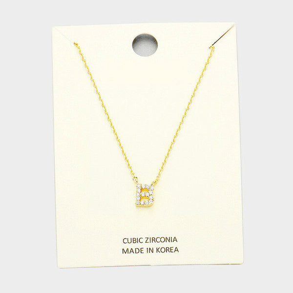 Initial Necklace Tiny CZ Cubic Zirconia .2" Monogram Letter B Rhinestone GOLD - PalmTreeSky