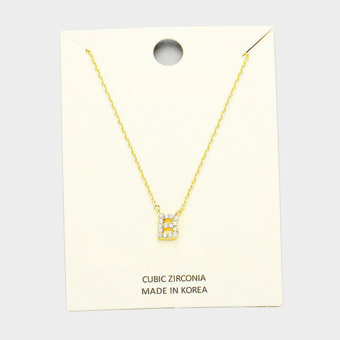 Initial Necklace Tiny CZ Cubic Zirconia .2" Monogram Letter B Rhinestone GOLD - PalmTreeSky