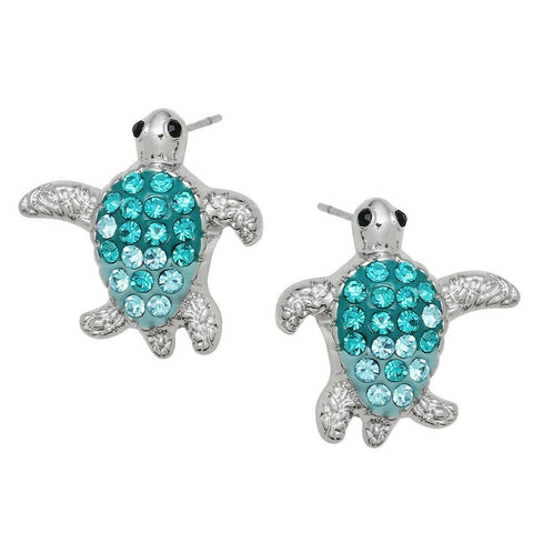 Turtle Earrings Crystal Rhinestone Stud Post SeaLife SILVER AQUA Ocean Surf Sand - PalmTreeSky