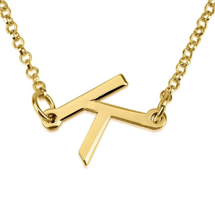 Sideways Letter Necklace Small Initial A-Z Letters Monogram Gift 24KGold Plating - PalmTreeSky