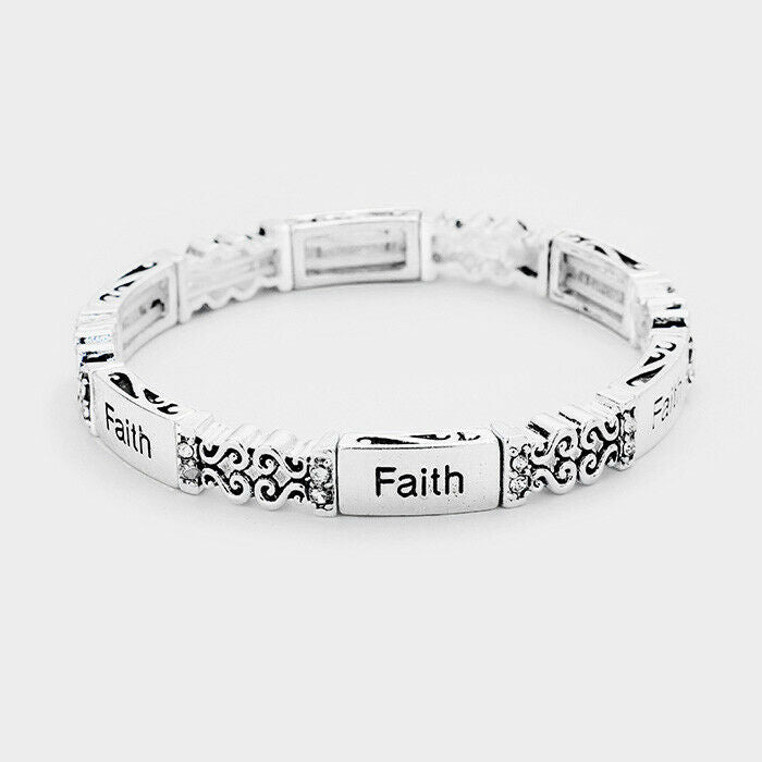 Faith Bracelet Stretch Bangle Filigree Love SILVER Hope Religious Church Jewelry - PalmTreeSky