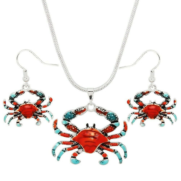 Crab Necklace Earring SET Enamel SILVER RED BLUE Beach Surf Sea Life Jewelry - PalmTreeSky