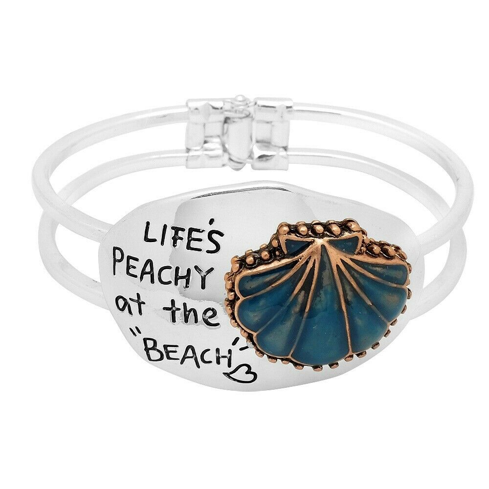 Shell Bracelet Hinge Bangle Double Bar LIFE's PEACHY AT THE BEACH Charm SILVER - PalmTreeSky