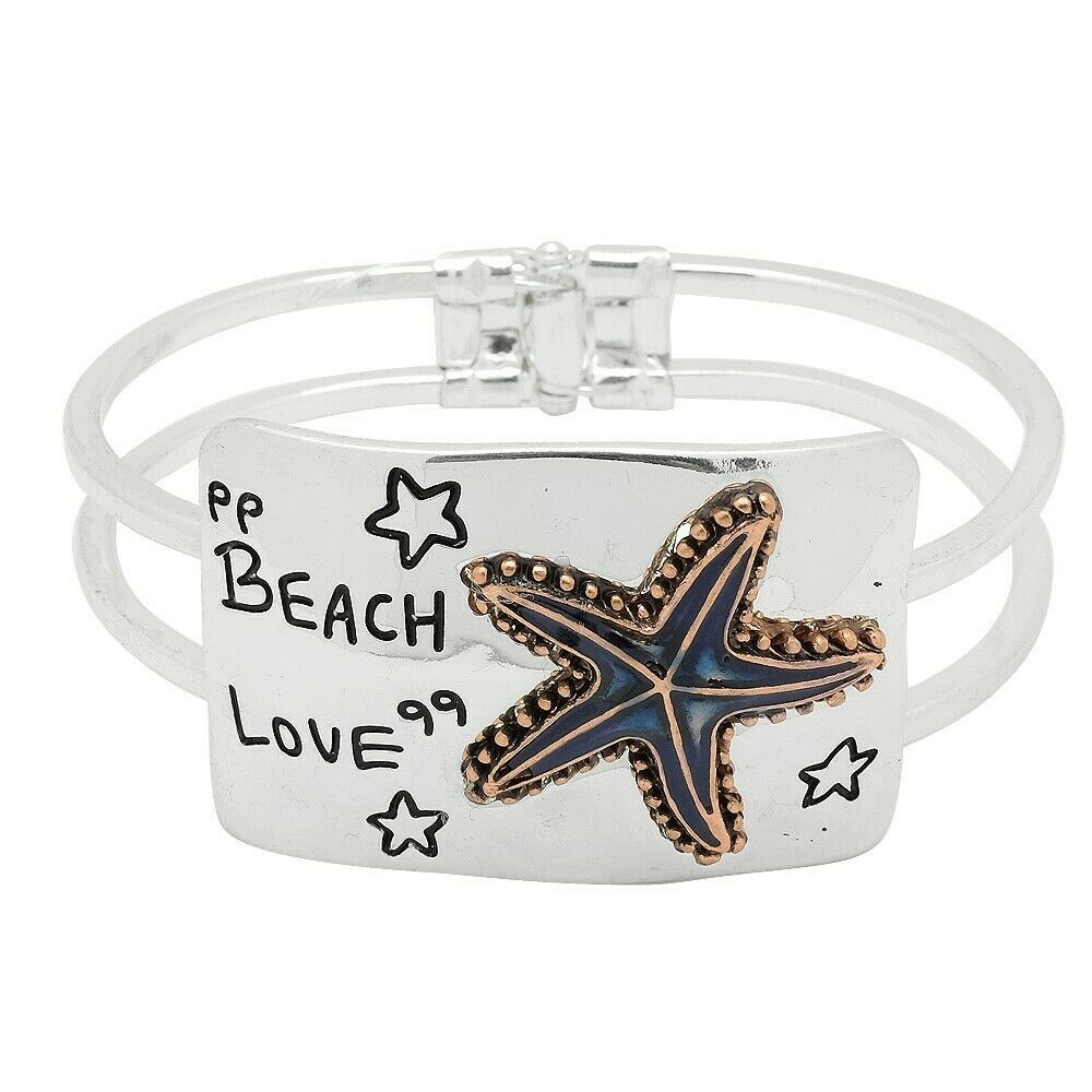 Starfish Bracelet Hinge Bangle Double Bar BEACH LOVE Sea Life Shell Sand SILVER - PalmTreeSky