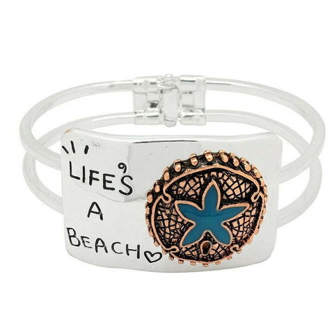 Sand Dollar Bracelet Hinge Bangle Double Bar LIFE's A BEACH Starfish Sea SILVER - PalmTreeSky