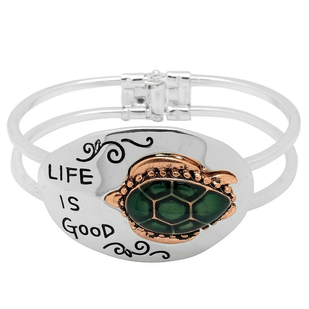 Turtle Bracelet Hinge Bangle Double Bar LIFE IS GOOD Starfish Sea Shell SILVER - PalmTreeSky