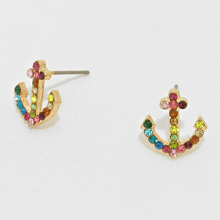 Anchor Earrings Sea Life Small Stud Post Pave Rhinestone Nautical Boat .5" MULTI - PalmTreeSky