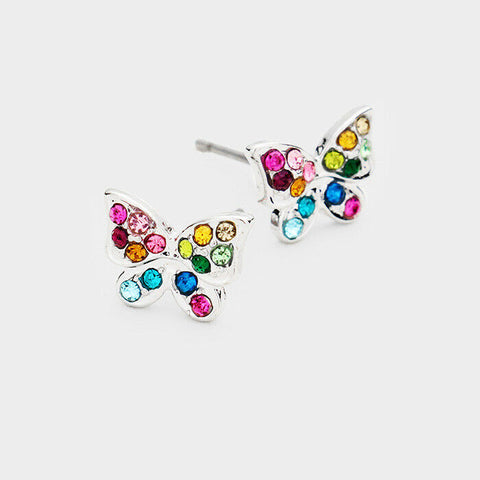 Butterfly Earrings Stud Post Rhinestone Crystal Pave Flower SILVER MULTI Jewelry - PalmTreeSky