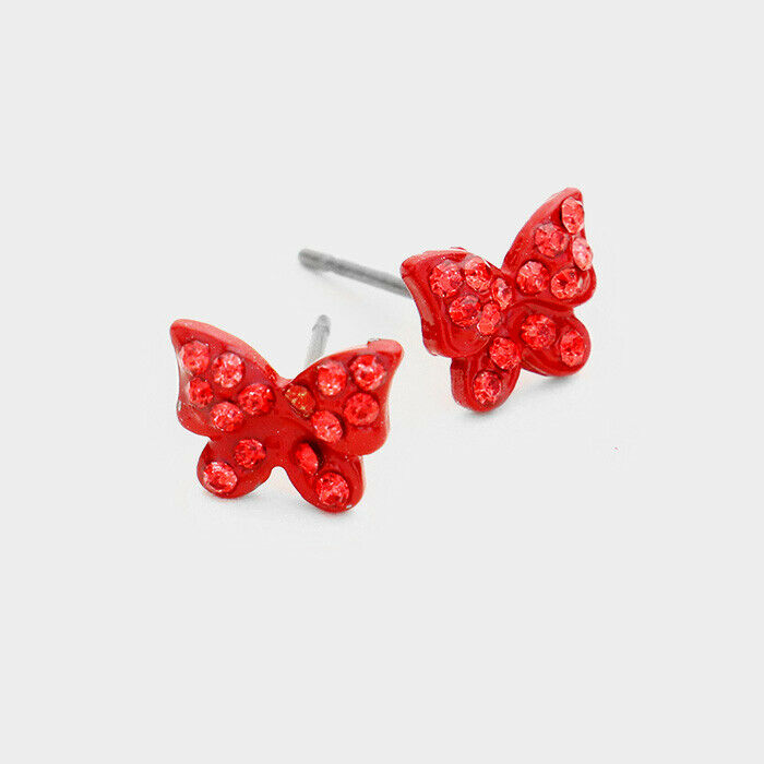 Butterfly Earrings Stud Post Rhinestone Crystal Pave Flower SILVER RED Jewelry - PalmTreeSky