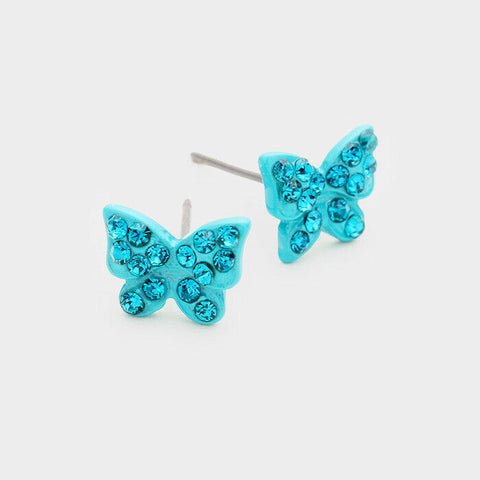 Butterfly Earrings Stud Post Rhinestone Crystal Pave Flower SILVER AQUA Jewelry - PalmTreeSky