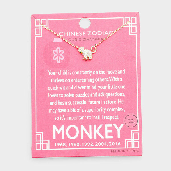 Chinese Zodiac Necklace Celestial Birth Year MONKEY Tiny Pendant CZ Dipped GOLD - PalmTreeSky