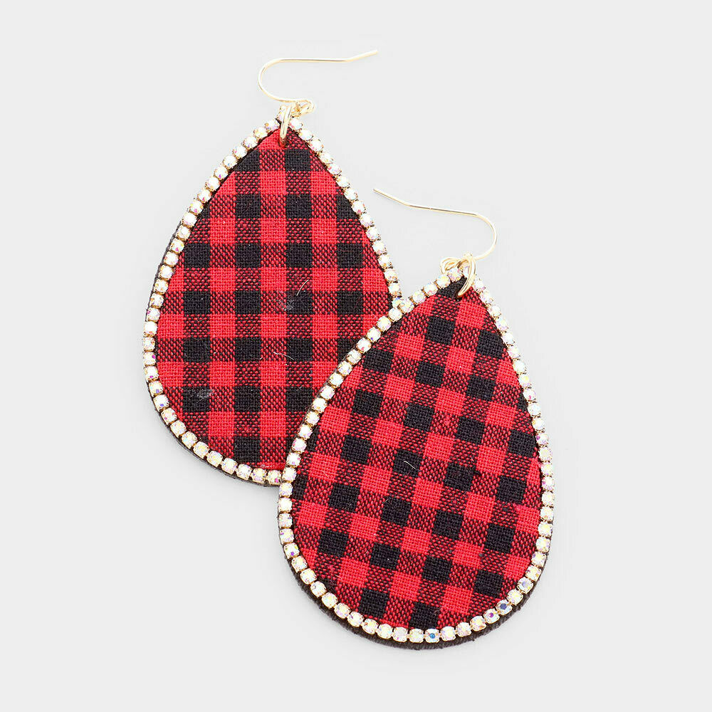 Buffalo Plaid Earrings Check Hunters Teardrop Bohemian 3" Rhinestone RED BLACK - PalmTreeSky