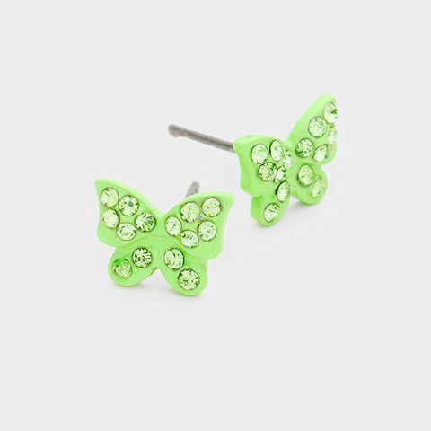 Butterfly Earrings Stud Post Rhinestone Crystal Pave Flower SILVER GREEN Jewelry - PalmTreeSky