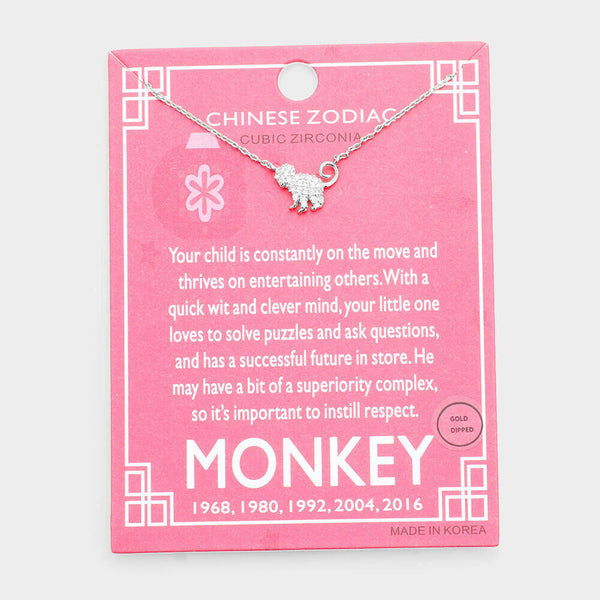 Chinese Zodiac Necklace Celestial Birth Year MONKEY Tiny Pendant CZ Dipped SLVR - PalmTreeSky