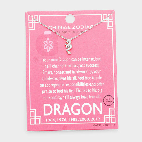 Chinese Zodiac Necklace Celestial Birth Year DRAGON Tiny Pendant CZ Dipped SLVR - PalmTreeSky