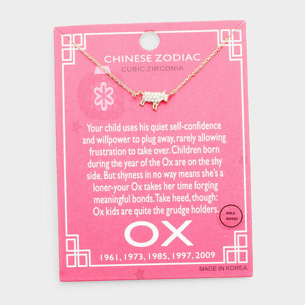 Chinese Zodiac Necklace Celestial Birth Year OX Tiny Pendant CZ Dipped GOLD - PalmTreeSky