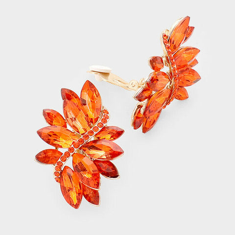 Clip On Earrings Crystal Marquise Swirl Pave Rhinestone Jewelry 1.5" Drop ORANGE - PalmTreeSky