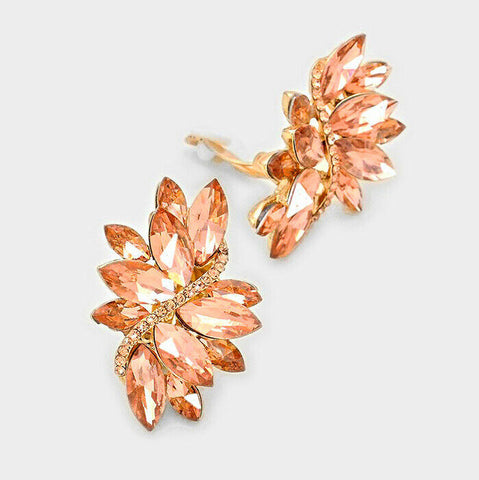 Clip On Earrings Crystal Marquise Swirl Pave Rhinestone Jewelry 1.5" Drop PEACH - PalmTreeSky