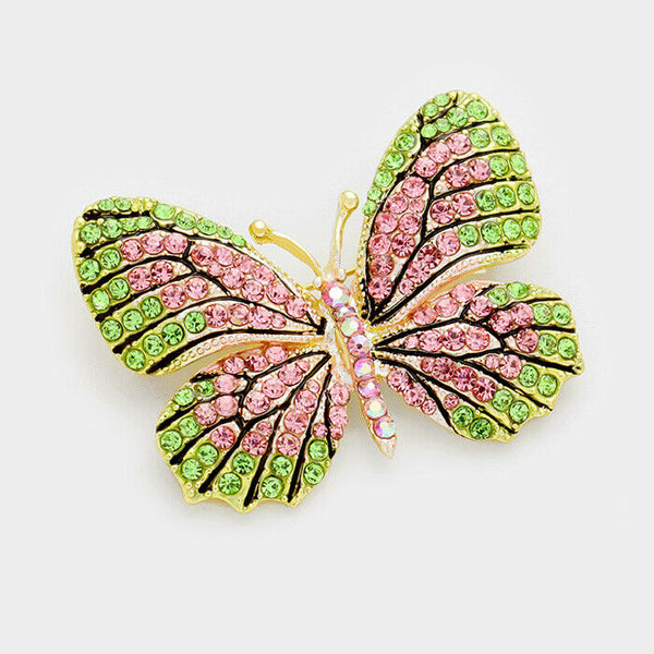 Butterfly Pin Brooch Pave Rhinestone Crystals Flower Floral Jewelry PK GN - PalmTreeSky