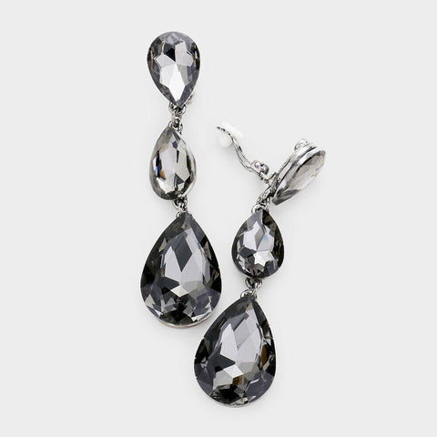 Clip On Earrings Crystal Triple Teardrops Clip ons Clip-On 3" Long BLK D Jewelry - PalmTreeSky