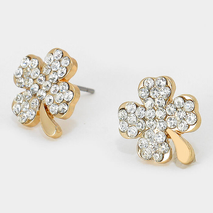 Clover Stud Earrings 4 Leaf Clover Tiny Studs .6" GOLD CLEAR Pave Crystal Irish - PalmTreeSky