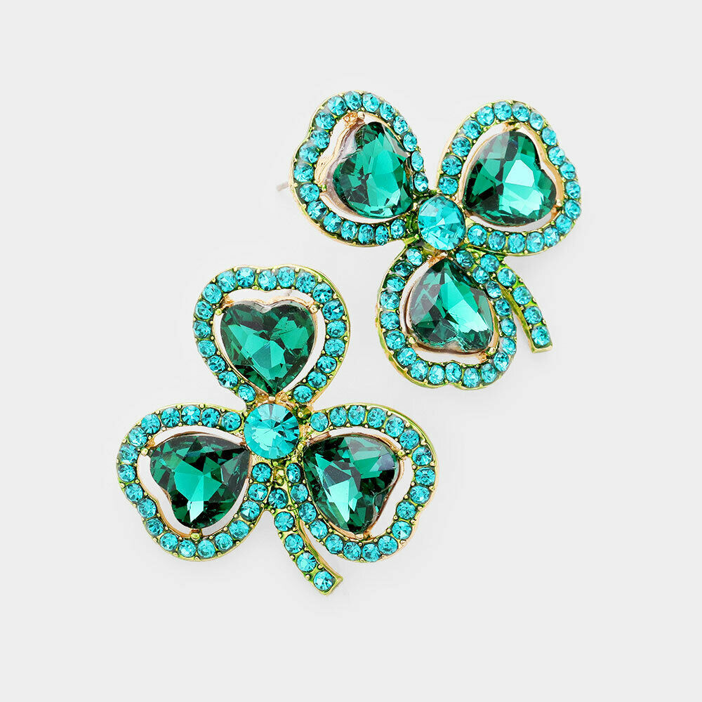 Clover Stud Earrings 3 Leaf Studs 1.4" Drop Crystal Irish Luck GOLD GREEN - PalmTreeSky