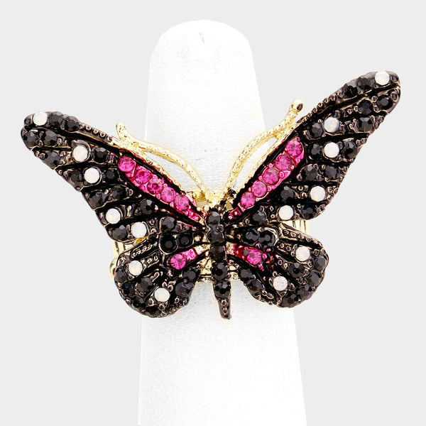 Cocktail Ring BUTTERFLY Rhinestone Pave Crystals Wide Stretch Bug Flower BLK PK - PalmTreeSky