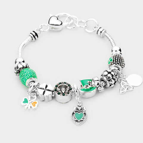 Clover Bracelet 4 Leaf Clover Multi Bead Claddagh Irish Luck SILVER GREEN Heart - PalmTreeSky