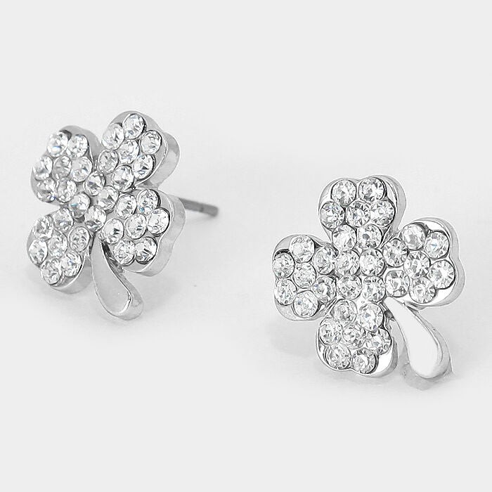 Clover Stud Earrings 4 Leaf Clover Tiny Studs .6" SILVER CLR Pave Crystal Irish - PalmTreeSky