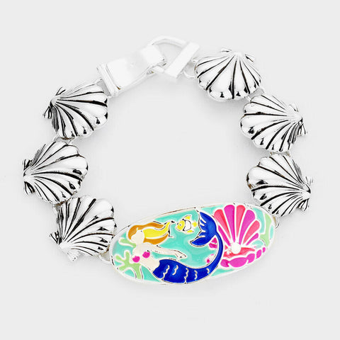 Sea Shell Bracelet Enamel Mermaid Disc SeaLife Magnetic Clasp SILVER MULTI - PalmTreeSky